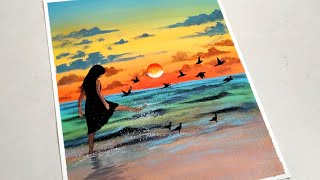 Short video/ A Girl in a Sunset seascape Beach Landscape Painting tutorial for beginners|| #shorts