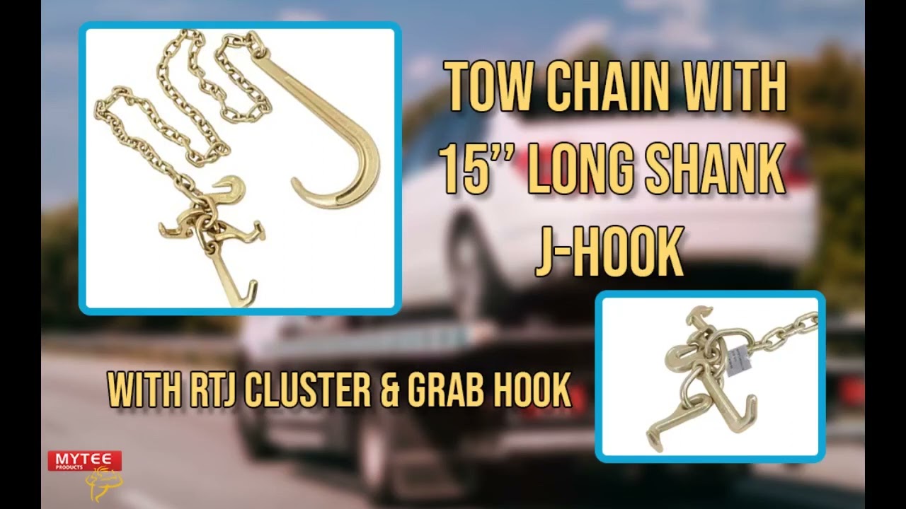Mytee Products 5/16 x 6' Long Shank J Hook Tow Chain w. RTJ Cluster & Grab  Hook, 4700 lbs WLL 