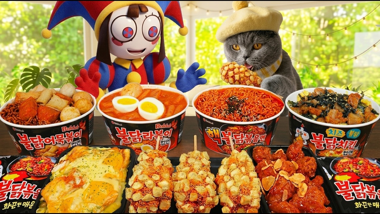 ASMR MUKBANG Convenience store, FIRE Noodle, HOT DOG, Tteokbokki | Chef Meow First meet Pomni | TADC