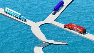 Triple Impossible Spiral Bridge Vs Mack Truck vs King Dinoco vs Optimus Prime vs Deep Water Beamng