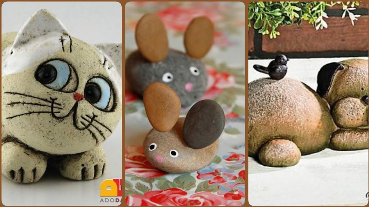 Cats, dogs pebble art, animal rock craft, zoo stone art - YouTube