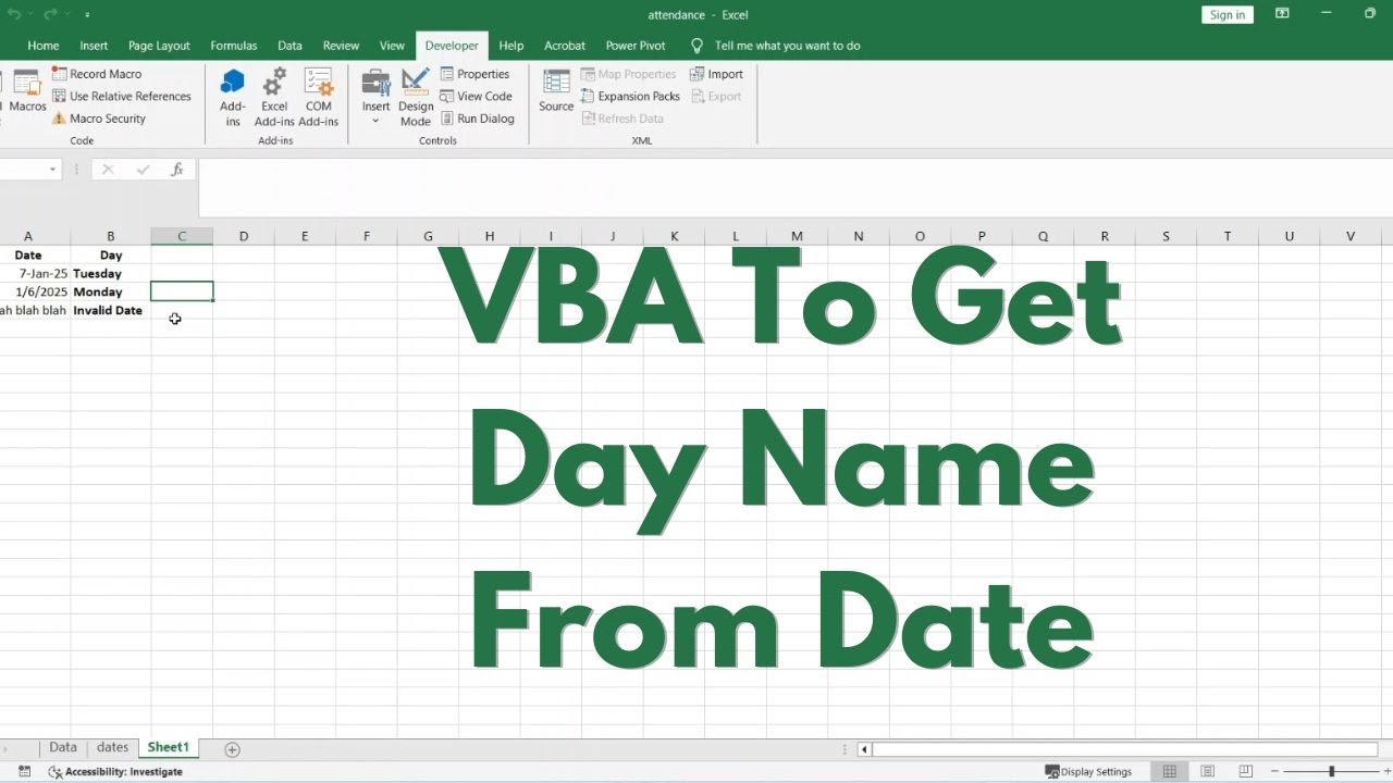 VBA Code To Get The Day Name From Date YouTube VBA Code To Get The Day Name From Date YouTube