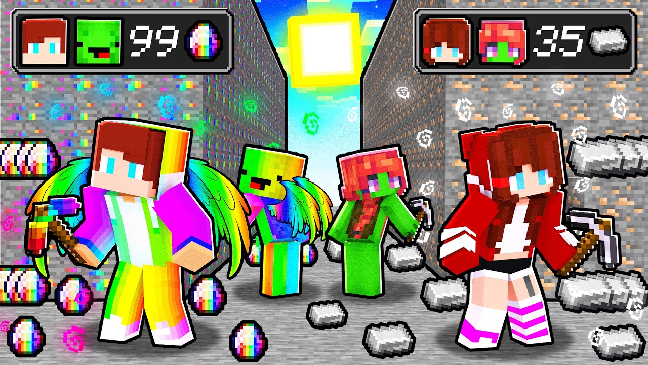 JJ and Mikey vs Wives: RAINBOW GODS vs POOR MINE BATTLE In Minecraft - Maizen