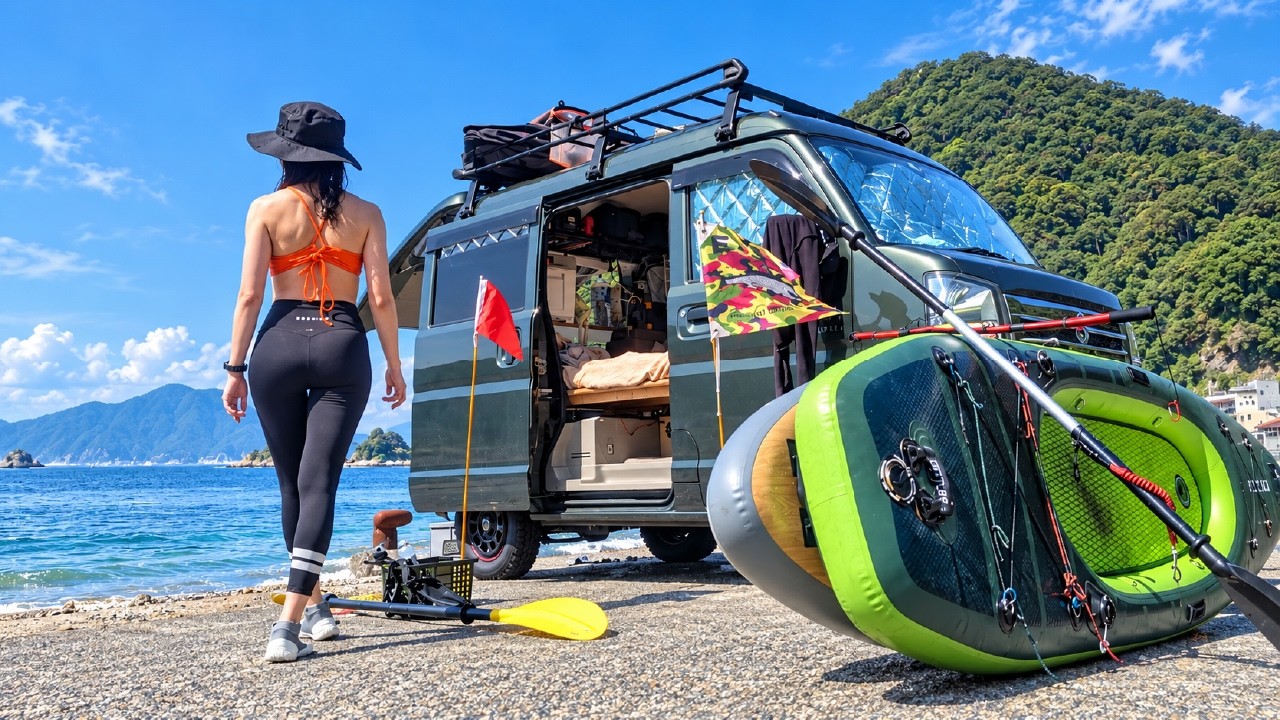 【福井】軽バンで500km7時間爆走→SUPでイカ釣って沖漬け。クーラー無し灼熱車中泊(常神半島~小浜)