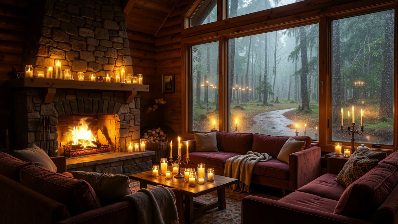 Relaxing Piano by the Fire 🔥 Cozy Rain  Ambience with  Fireplace Sounds for Sleeping, Studying