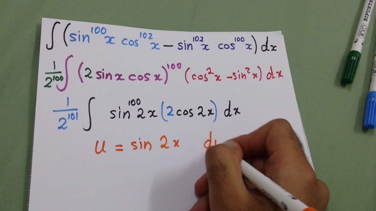 Integral of (sin x)^100 (cos x)^102 - (sin x)^102 (cos x)^100 - YouTube