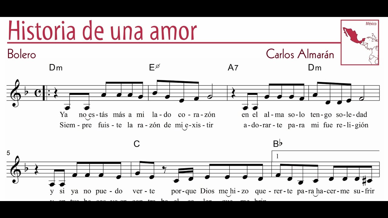Partitura BOLERO Historia de un amor, Tonalidad de Re menor, Dm BOLERO ROMANTICO