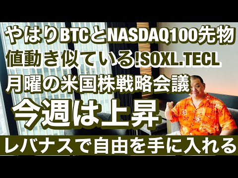 やはりBTCとNASDAQ100先物値動き似ている!SOXL.TECL.月曜の米国株戦略会議、レバナスで自由を手に入れる第269回、 ライブ放送は22時スタートです