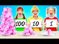 100 KATLI YİYECEK MEYDAN OKUMASI || 123 GO! CHALLENGE 24 Saat Boyunca Dev Yiyecek ve Minik Yiyecek