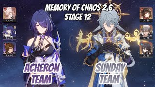Acheron Team & Sunday x Lingsha Memory of Chaos Stage 12 (3 Stars) | Honkai Star Rail