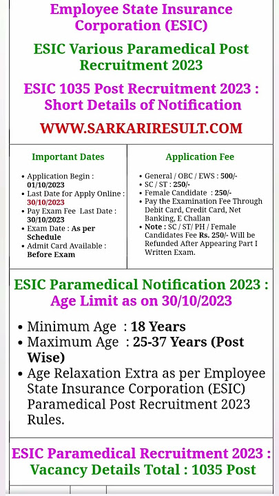 ESIC Paramedical Recruitment 2023 Apply Online for 1035 Various Post #video #admitcard #result
