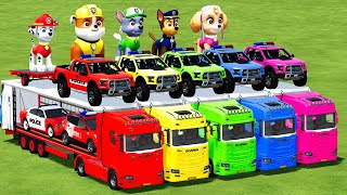 DELIVERING PAW PATROL, POLICE FORD RAPTOR, KUGA & DODGE WITH SCANIA TRUCKS! Farming Simulator 22