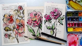 Watercolor Flowers on Old Book Paper - Nice for Junk Journals