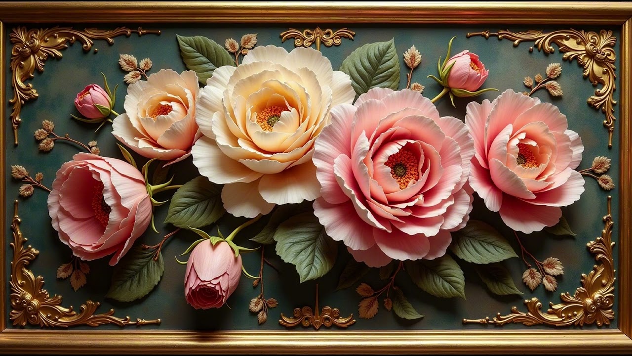 4K Floral Art Screensaver For Your Tv Elegant Roses Vintage Gold Framed Wallpaper Background Samsung