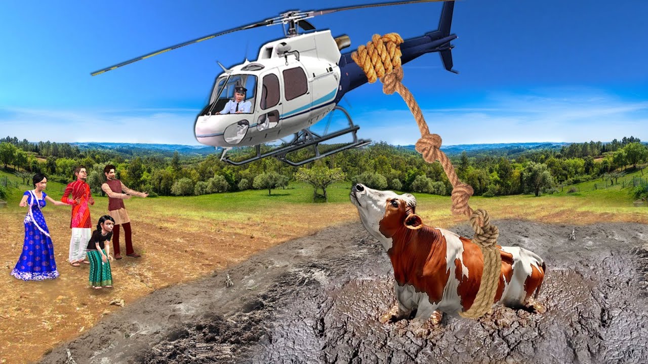 Helicopter Amazing Rescue Cow Stuck in Mud Hindi Kahaniya Hindi Stories ...