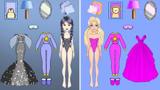 DIY Paper Dolls Dress Up Black Wednesday Addams vs Pink Rapunzel Handmade Papercraft