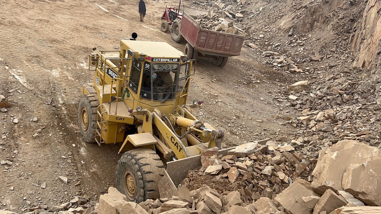 Caterpillar Loader Heavy Rocks Loading | Trucks & Trolleys at Mountain Quarry 