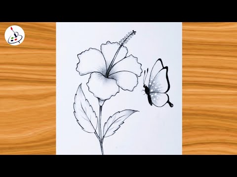 How to draw a butterfly on flower ||Hibiscus Flower step by step||Easy Drawing ideas for Beginners 