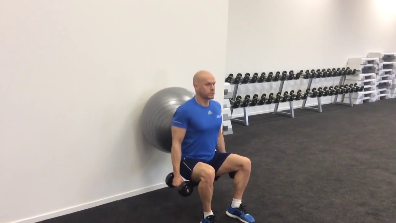 Swiss ball dumbbell squat - YouTube