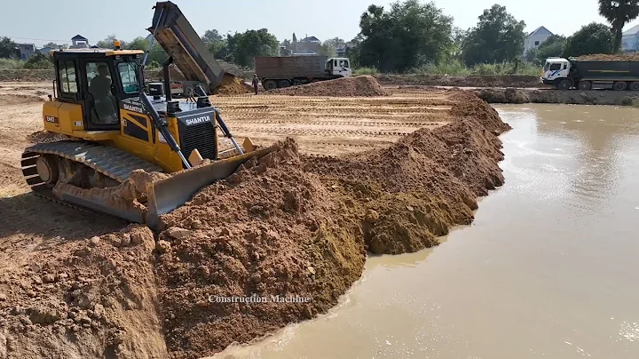 Best Action Big Project Showing ,Bulldozer CH17C3 Push Soil to Water Clear Lake,Dump Truck Unloading