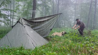 Solo Camping In the Rain  Meat Bread on Open Fire  Chops on Natural Stone