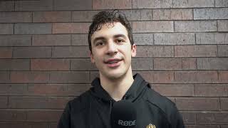 Poitras speaks with the media following his three-point game in a win at Springfield