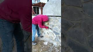 Installing Natural Stone Veneer on Pizza Oven Stand Walls
