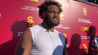 USC LB Easton Mascarenas-Arnold speaks to the media after Wednesday’s practice of LSU week