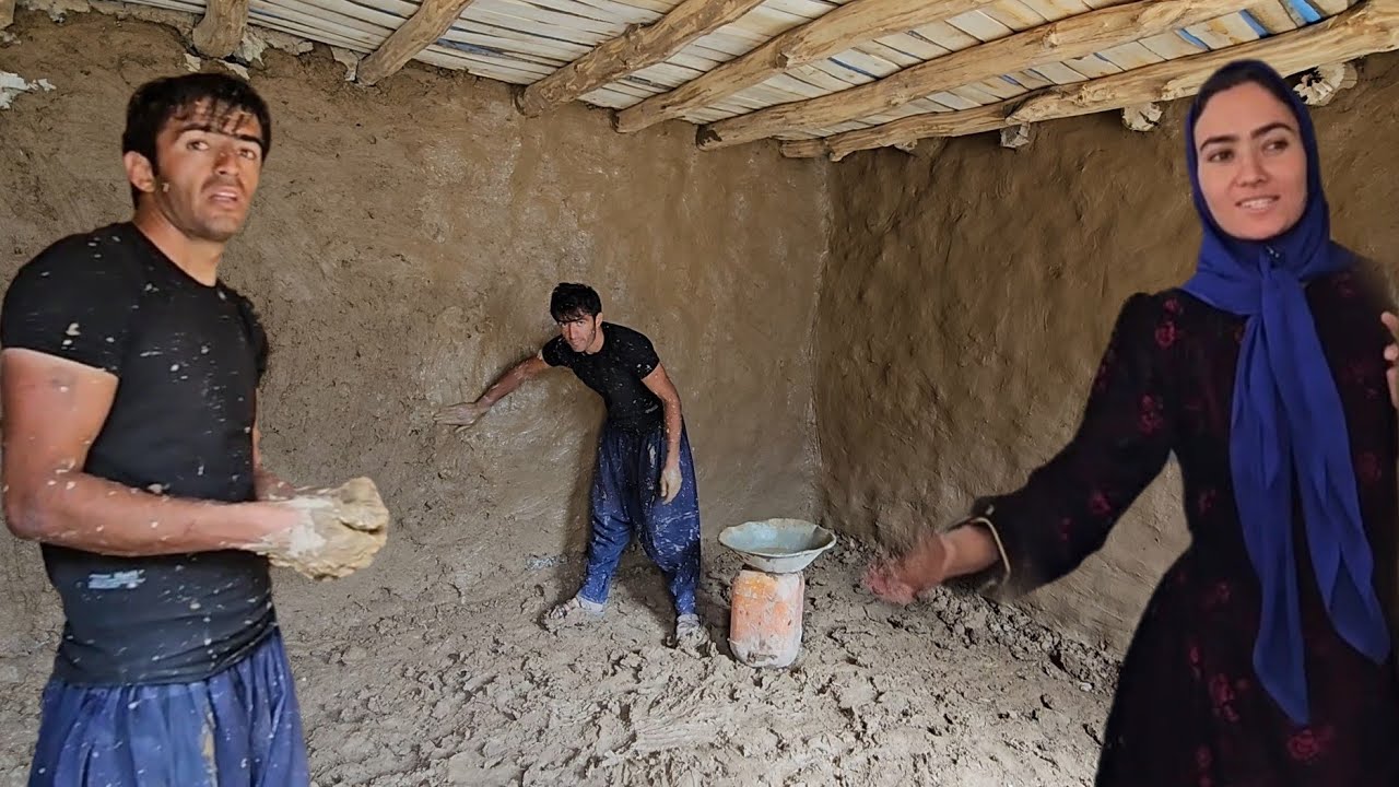 Making Mud and Straw Plaster Inside the Mountain House 🏡🔨 Hard Work of Ali and Hamed & Cooking Pasta