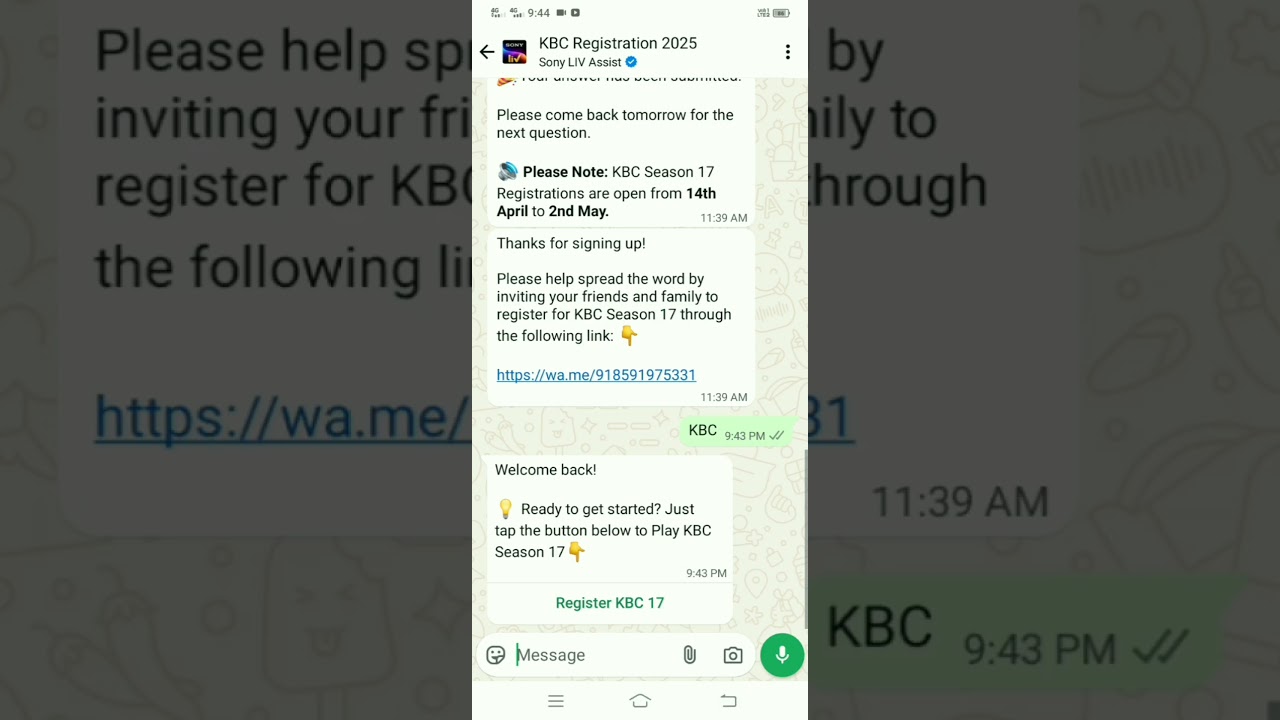KBC ka registration whatsapp se kaise kare? 24 april 2025 KBC registration 17.kbc season 17.