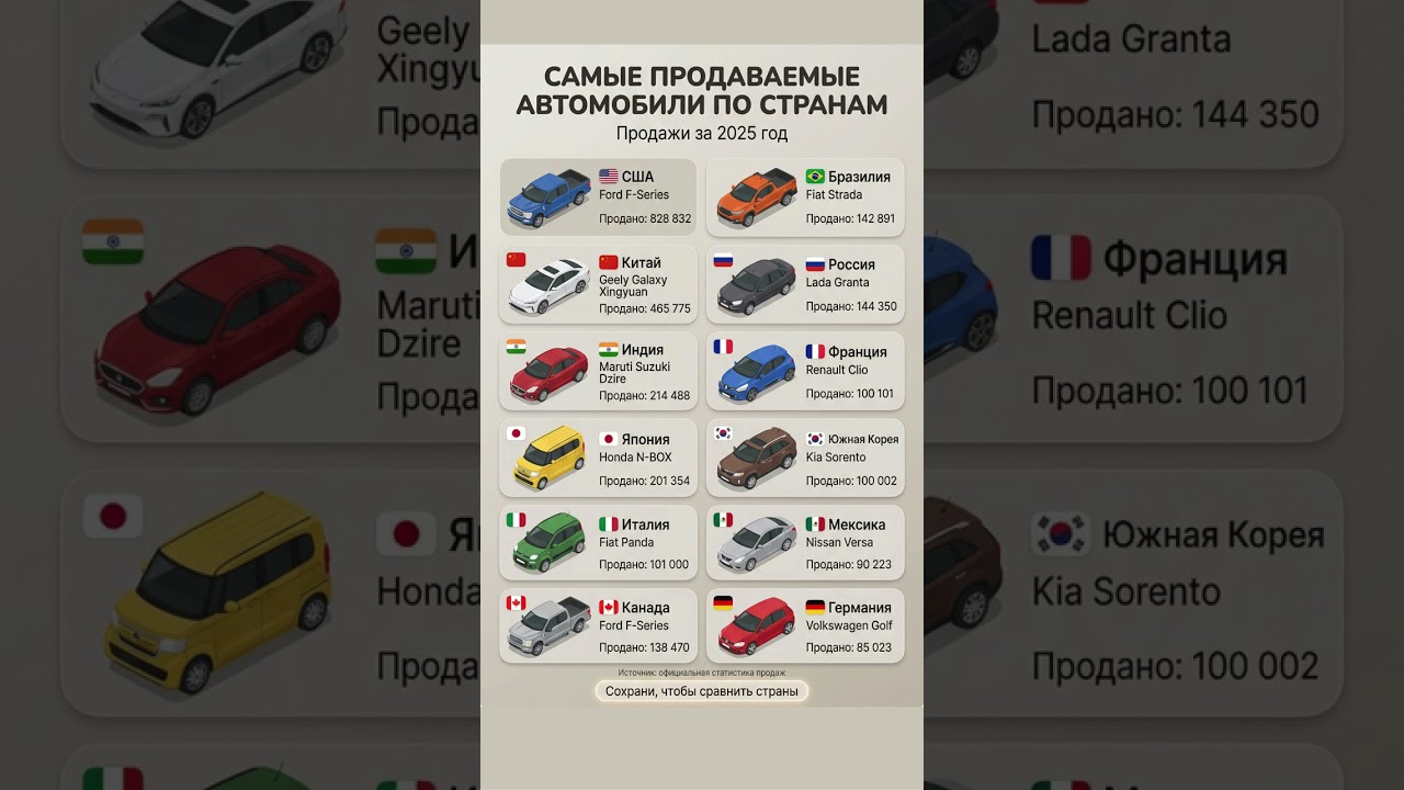 САМЫЕ ПРОДАВАЕМЫЕ АВТОМОБИЛИ ПО СТРАНАМ ПРОДАЖИ ЗА 2025 ГОД
