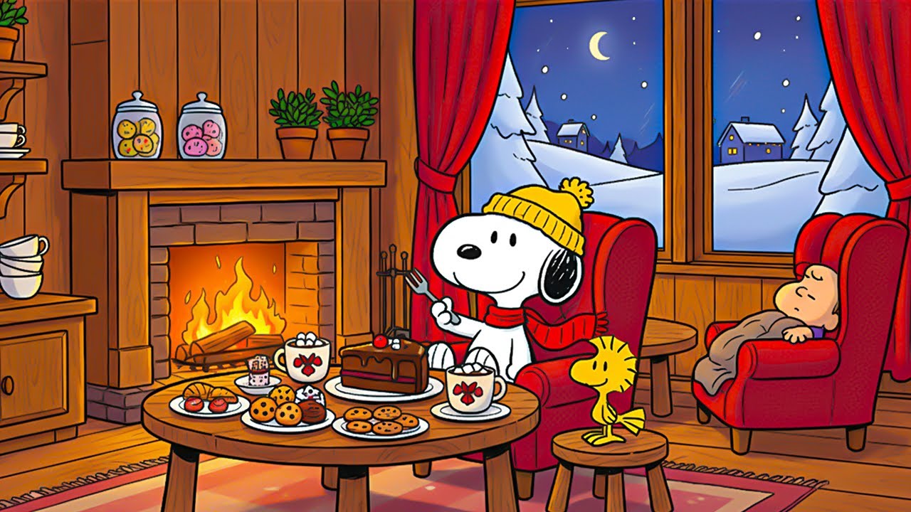 Cozy Winter Snoopy Lofi ❄️🐶 Warm Fireplace Cabin Night Ambience for Study, Focus & Deep Sleep