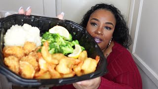 RED LOBSTER MUKBANG TAKEOUT LETS TALK ABOUT IT /FRIED SHRIMP, BROCCOLI, MASHED POTATOES, LINGUINI