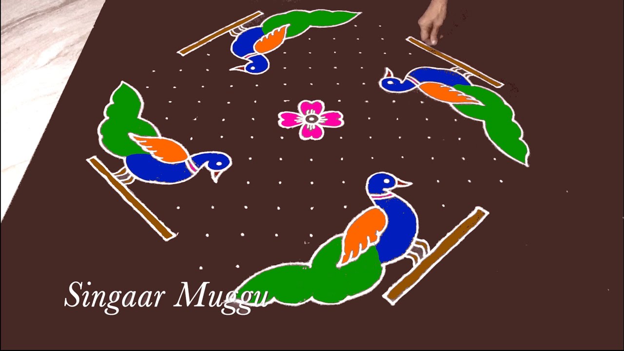 Peacock Rangoli with 15X5 dots | cute kolam with dots | Mayil kolam | Peacock muggulu
