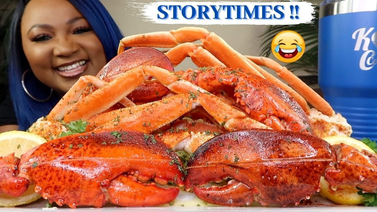 GIANT SNOW CRAB LEGS + LOBSTER CLAWS , SEAFOOD BOIL MUKBANG 먹방쇼 シーフード + STORYTIMES