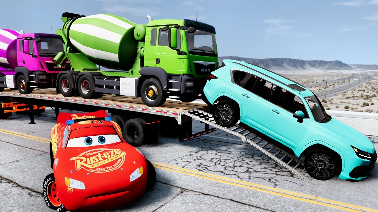 Flatbed Truck Mcqueen  Transportation with Truck   Pothole vs Car #63  BeamNG Drive 2