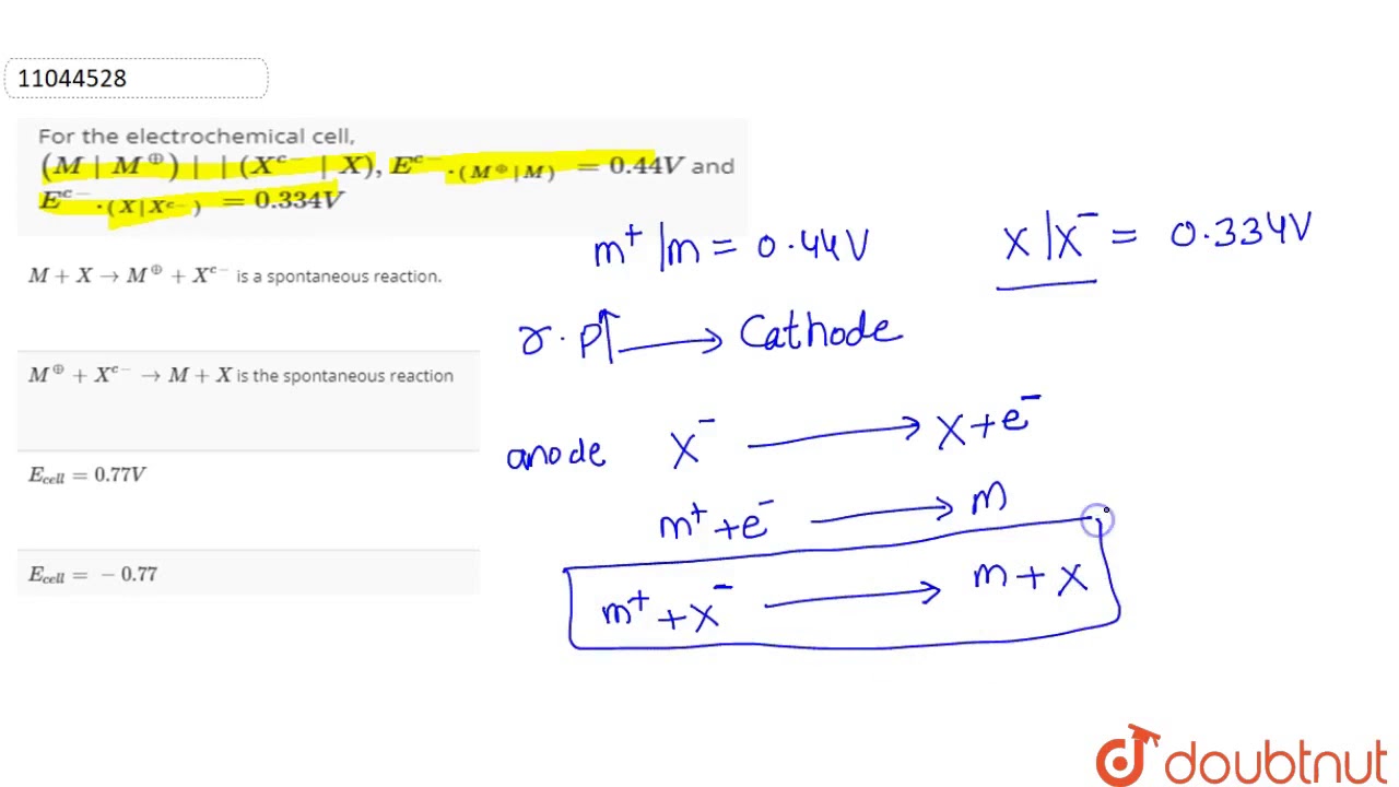 For The Electrochemical Cell M M O X C X E C M O M 0 44v And E C X Youtube