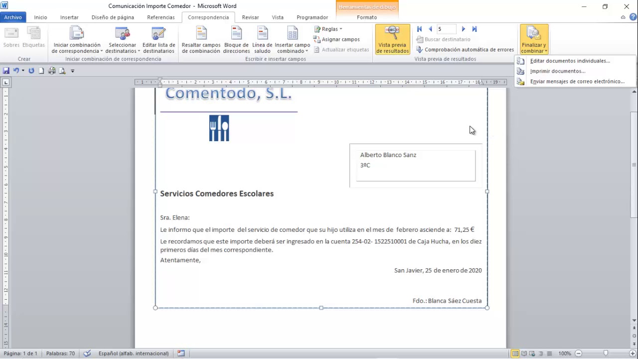 Combinar con base de datos Word - YouTube