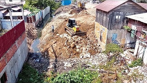 Best Action !! Bulldozer Pushing and Clearing Trash Filling The Land With Mini Dump Truck