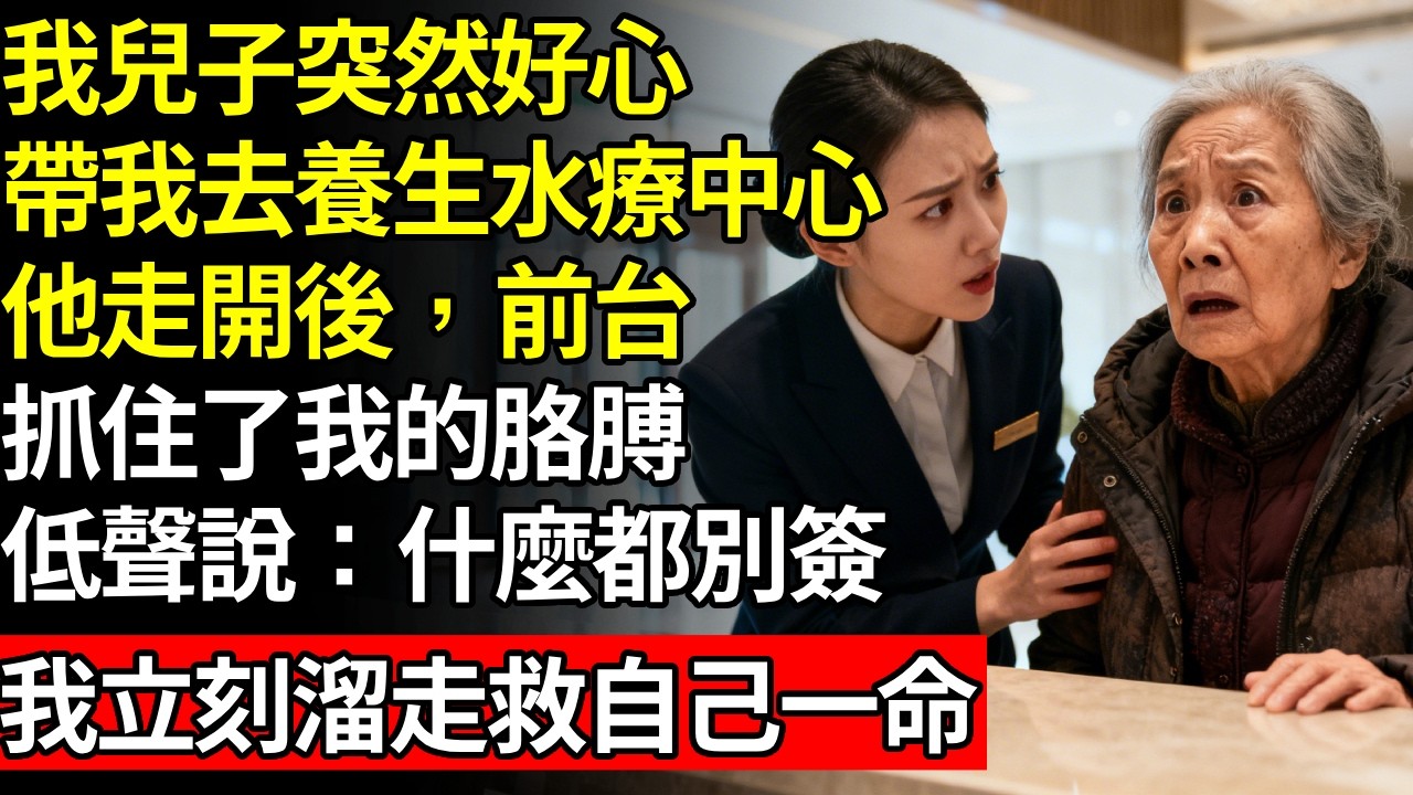 我兒子帶我去養生水療中心，他走開後，前台接待員抓住了我的胳膊，低聲對我說：「什麼都別簽！我立刻從後門溜走！#養老#不孝子#人間家務#退休金