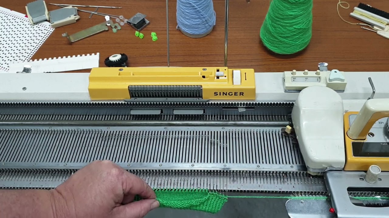 Singer Knitting Machine, Easy Cast On, knitting a Picot hem, tuck stitch , slip stitch and fairisle