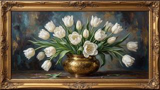 ✨ 4K Tulip Bouquet Art Screensaver | Luxury White Flowers in Golden Vase for Your TV 🌿✨ screenshot 4