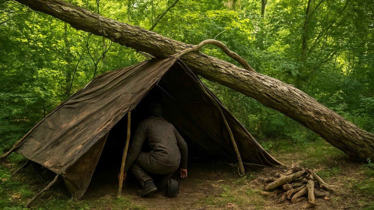Bushcraft Shelter Under Fallen Tree – Solo Survival Camping, Outdoor Cooking, DIY, ASMR