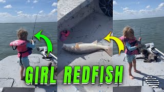 Persistent Precious Girl Catches Large Redfish