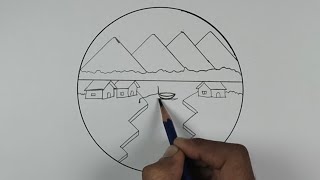 Beautiful village scenery drawing || easy village drawing step by step || easy Sketching 