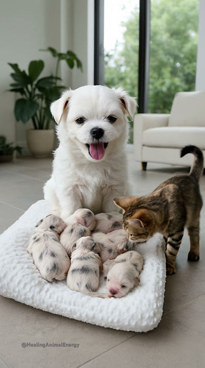Mom Dog and Cat Team Up to Watch Over the Littlest Ones