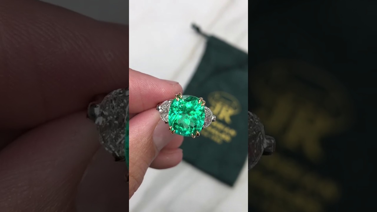 diamond half moon and cushion emerald three stone engagement ring 18K