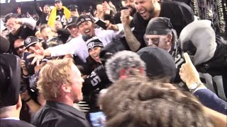 Oakland raiders coach jon gruden celebrates with fans after a 26-24
victory over the los angeles chargers on thursday, nov. 7, 2019. video
by: anthony galavi...