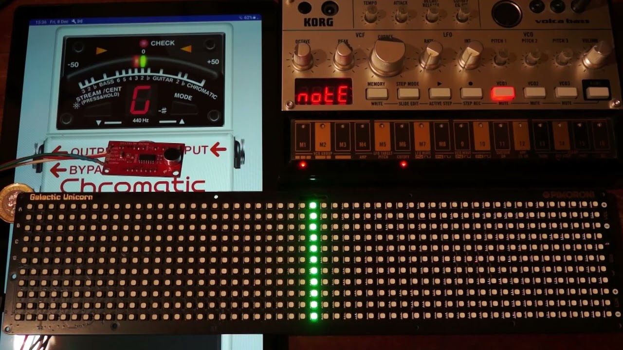 Guitar Tuner using SparkFun Sound Detector and Pimoroni Galactic Unicorn (RGB LED display)