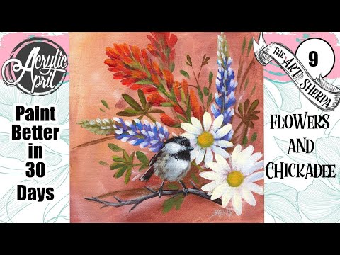 Bluebonnet Wildflower Chickadee   Easy Acrylic Tutorial Step by Step Day 9   #AcrylicApril2022